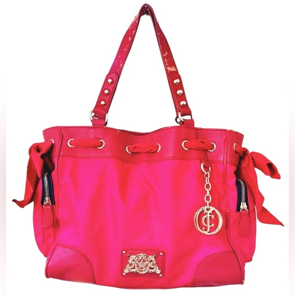 Vintage Juicy Couture Pink Nylon Malibu Daydreamer Studded Bow Bag Satchel - Picture 2 of 16